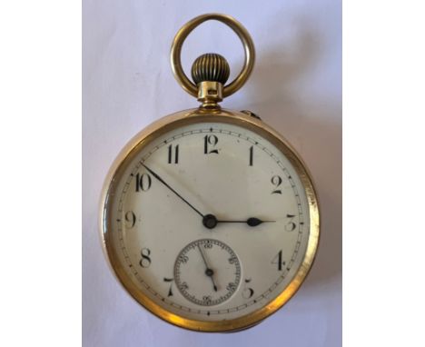 An 18 carat gold cased pocket watch with subsidiary seconds dial and white enamel face.  Approximately 5cm d. Total weight 11