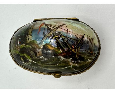 A fine quality mother of pearl miniature scent bottle holder with hand painted lid of ship in stormy waters. With gilt mounts