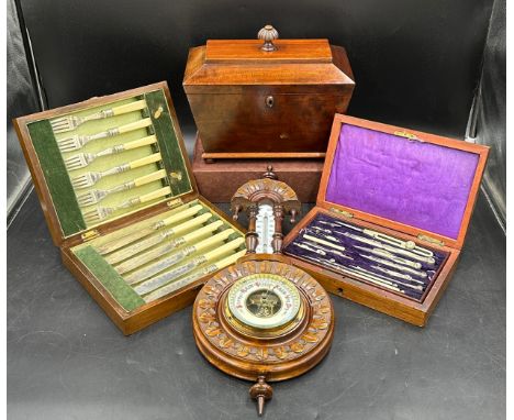 A miscellany to include a mahogany tea caddy on bun feet 27w x15d x 22.5cm h, a vintage drawing instrument set in fitted box,