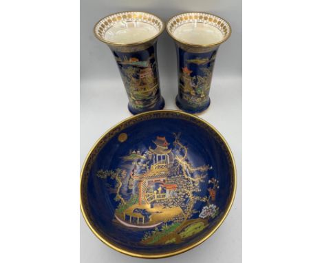 Carlton Ware pair of blue and gilt decorated vases and a bowl, 17cm d. 