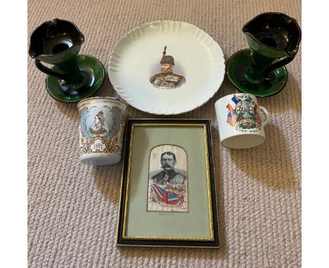 A pair of green glazed Watcombe chambersticks, General Sir Redvers Buller plate, Peace mug, 1897 enamel Victoria Jubilee beak