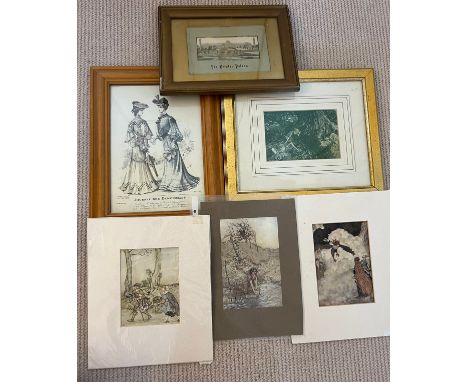 Three Arthur Rackham prints, one framed Arthur Rackham print, one framed fashion print and a framed Stevengraph of Crystal Pa