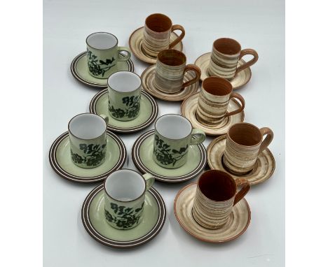 Two sets of coffee cans: Hornsea Pottery 'Prelude' 5 x cans and 6 x saucers and a set of Wold Pottery 6 x cans and 6 x saucer