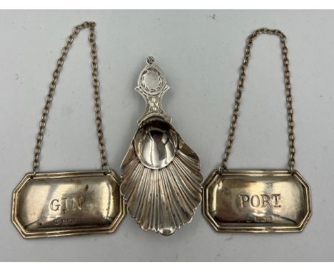 Caddy spoon Sheffield 1919, maker Thomas Bradbury and sons Ltd, together with two decanter labels, Port and Gin,  Birmingham 