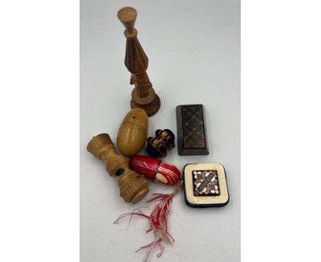 Nineteenth and early 20thC sewing items to include Tartanware needle case, treen needle case, Art Deco enamel etui, vegetable