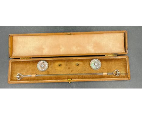 A pair of mother of pearl and diamanté hatpins in original fitted velvet and silk lined case. 22.5cm l. 