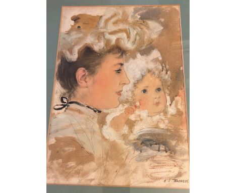 Henry Jones Thaddeus (1860-1929) watercolour portrait of a woman and child. Signed L.R. 32cm x 22cm sight size. 
