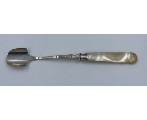 A Victorian silver and mother of pearl Stilton scoop Birmingham 1858, maker John Gilbert and co. 