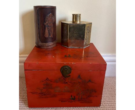 An early 20thC Chinese red lacqueur box 17cm h x 24cm w x 18cm d together with a bamboo brush pot and a Chinese brass tea cad