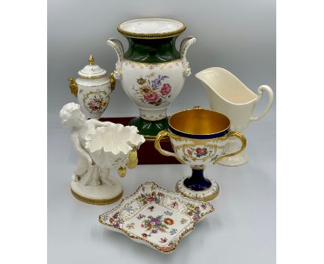 Mixed ceramics to include a 19thC Cauldon loving cup 17.5cm, a Copeland porcelain figural dish for T.Goode &amp; Co together 