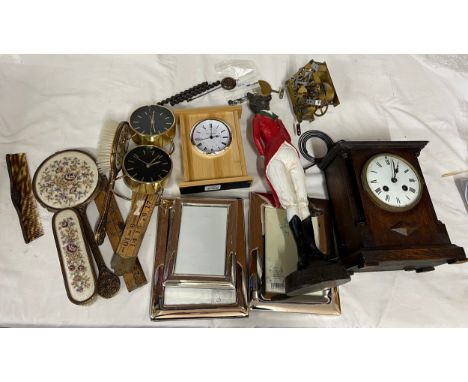 A miscellany to include three silver plated frames, figure of a fox in hunting attire, three clocks, three vintage Rathbone w