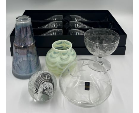 A quantity of vintage glass to include blue carafe and tumbler, Vaseline glass vase, Gleneagles crystal bowl, Caithness paper