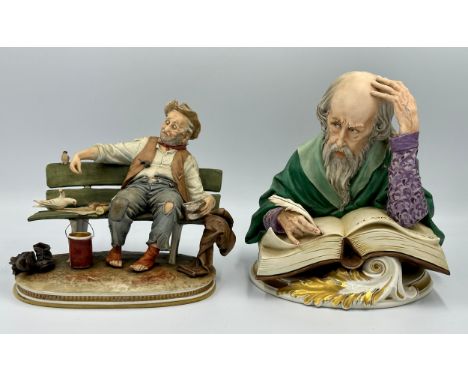 Capodimonte "The Writer" figurine by Tosca, signed  approx 26cm high along with a Capodimonte man seated on bench feeding bir