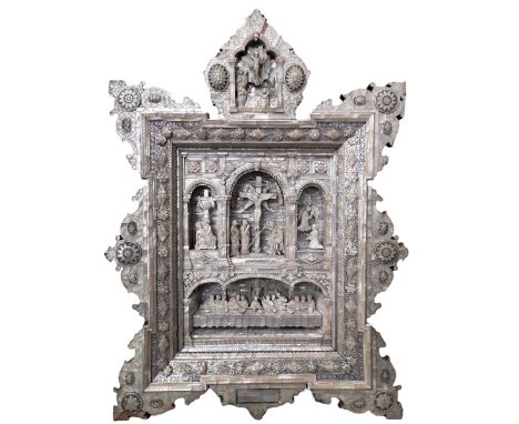 A Mother of Pearl Plaque from Jerusalem the Last Supper and The Resurrection and Ascent into Heaven.This was presented to Mot
