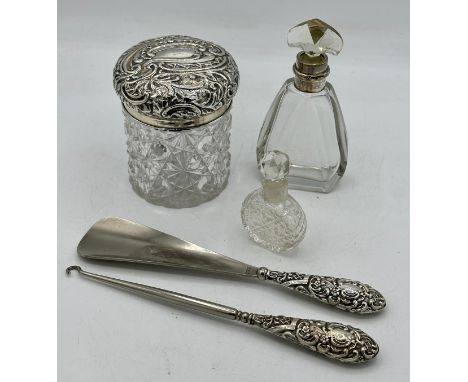 A silver topped dressing table jar Birmingham 1892, makers mark indecipherable together with a silver handled shoe horn and b