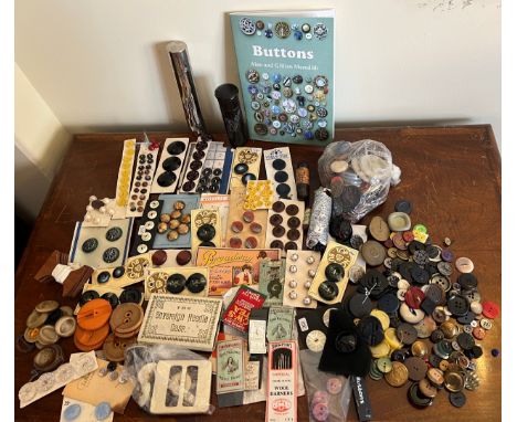 A quantity of vintage buttons, hair pins, needles, ebony and silver mounted pin holder, button booklet etc. 