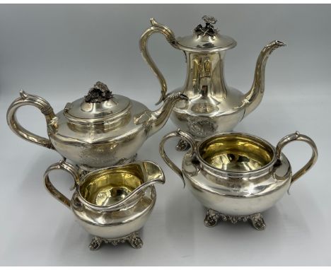 A four piece silver tea and coffee service by Joseph Angel I and Joseph Angel II. London 1835/1836. Total weight 2180gm. Cres