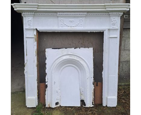 A painted wooden fire surround with cast iron insert. 165 w x 152 h, internal 117 h x 98cm w.