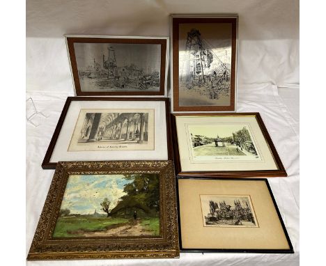 Various pictures/prints to include a Dutch oil landscape 19.5 x 29.5cm, an ink sketch of Beverley Minster by Andrew Graham 9 