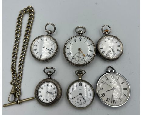 Six pocket watches and a fob chain to include Raketa, hallmarked silver cased with white enamel dial, Ideal U.S.A., .925 silv