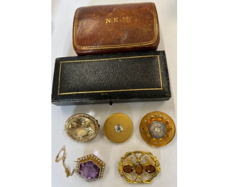 Five 19thC brooches to include pinchbeck , citrine, seed pearl and two leather covered jewellery boxes. 