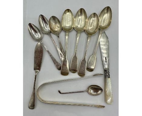 Eight various silver spoons to include a C Robotham &amp; Sons golf handled spoon Birmingham together with a butter knife, a 