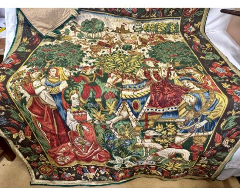 A 20thC hanging tapestry depicting a Tudor hunting scene. edged with gold brocade and green velvet. Approx. 160 x 120cm  (171