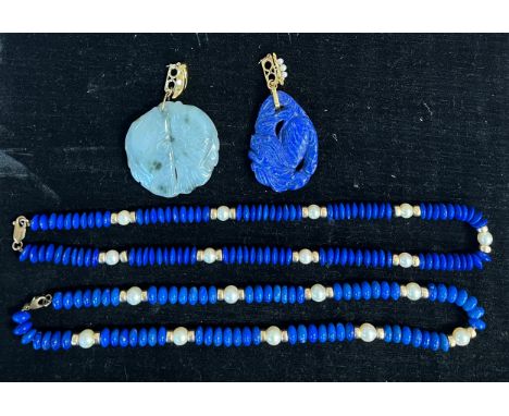 Two lapis lazuli and pearl necklaces with 9 carat gold clasps together with a lapis lazuli carved pendant with 9 carat gold a