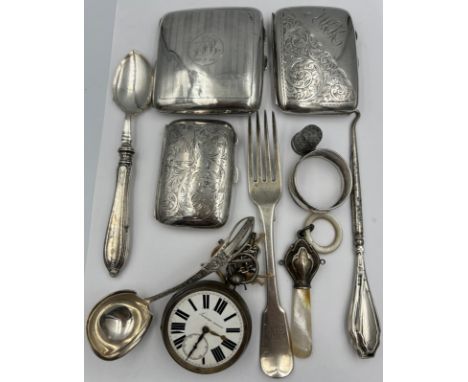 Hallmarked and sterling silver to include three cigarette cases, pocket watch, fork, rattle, thimble, napkin ring, silver han