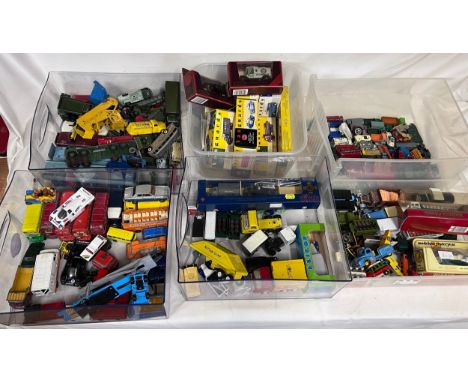 A large collection of mostly unboxed diecast vehicles to include a box of Corgi (majority buses), a box of Dinky (mainly army