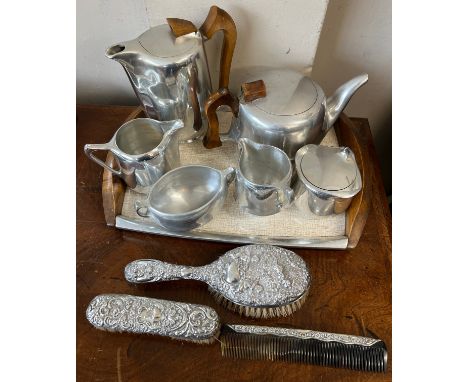 A piquot ware tea set on tray together with a silver backed hairbrush, clothes brush and comb, Chester 1902. 