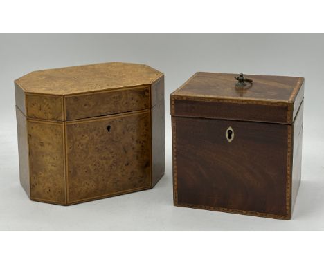 A circa 1800 burr elm ? single compartment tea caddy with stringing to edges together with a mahogany single compartment box 