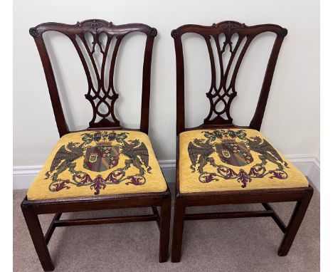 A pair of 18thC mahogany Chippendale style dining chairs. 95cm height to back. 