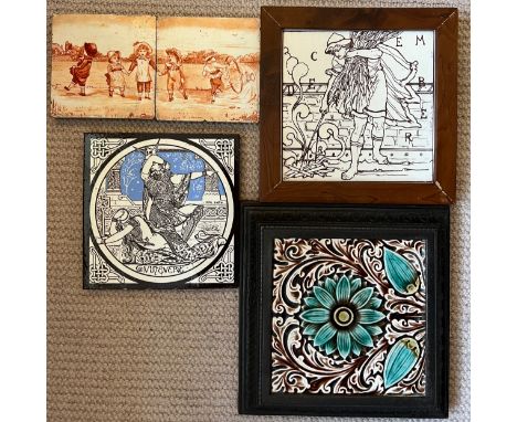 Tiles to include a Victorian tile teapot stand in cast iron frame, Minton Moyr Smith, Guinevere, Minton, 2 Kate Greenaway til