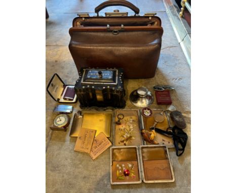 Miscellany to include leather Gladstone bag, Jennens and  Bettridge papier mâché tea caddy, Ronson lighter, Success to Agricu