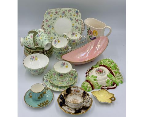 An assortment of ceramics comprising: a Foley chintz part tea service, a 19thC Coalport panel cobalt cup and saucer pattern 2