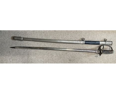 A Lancashire Artillery Volunteers straight edged sword with scabbard inscribed 'Lancashire Artillery' with wooden grip and sh