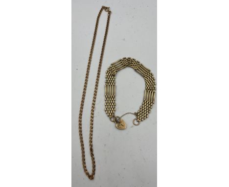 A 9 carat gold gate bracelet Weight 11.9gm, together with a 9 carat gold chain necklace 42.5cm l, weight 6.4gm. Total weight 