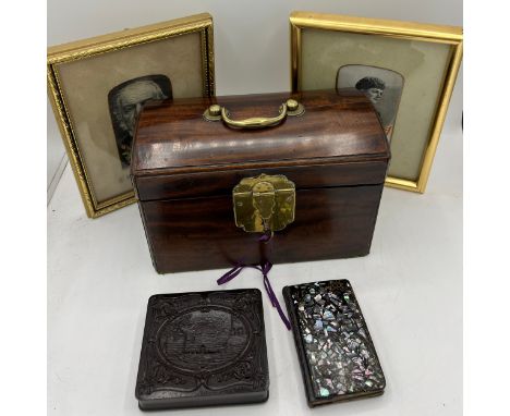 A miscellany to include restored a 19thC mahogany brass mounted apothecary’s  box with secret drawer, and various bottles to 