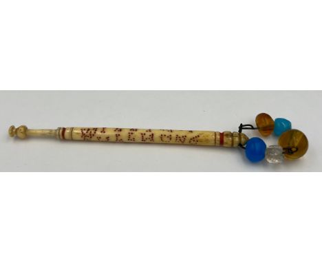 A 19thC bone lace bobbin inscribed William Bull hung 1871. William Bull murdered Sarah Marshall and was hung in Bedford jail 