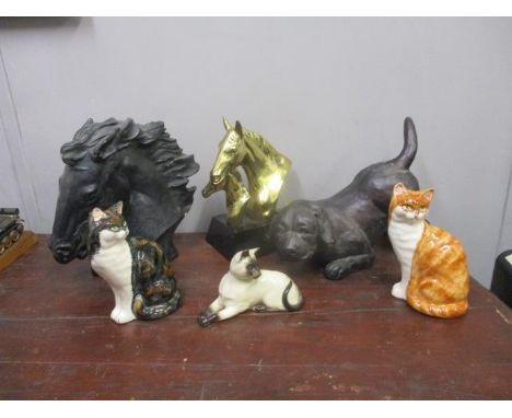 Model animals to include ceramic cats, a puppy and horses heads and a Royal Doulton cat 