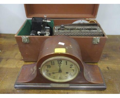 A Kodascope model D projector with original box, together with an early 20th century oak mantle clock 