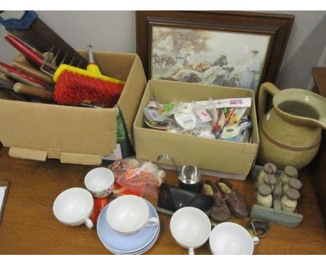A mixed lot to include key rings, Cath Kidson china, a print, tools and other items 
