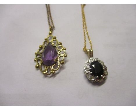 A 9ct gold amethyst pendant and chain, together with a 9ct diamond and sapphire necklace 