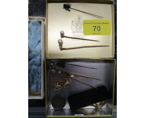 A selection of Victorian jewellery to include an enamelled fly and a yellow metal stick pin, other stick pins, an Indian silv