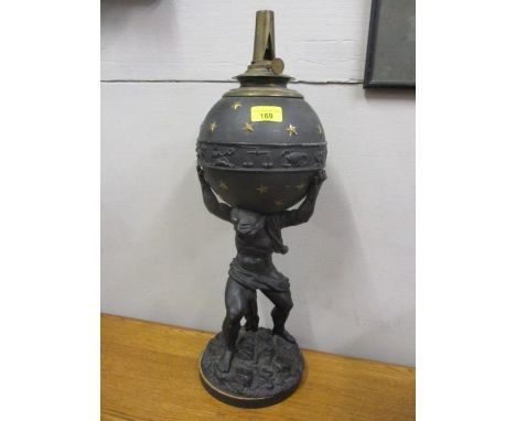 A late 19th century metal converted oil lamp in the form of atlas supporting the world, 22 1/4"h 