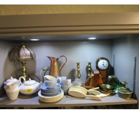 A mixed collection of clocks, tableware and porcelain to include a Sevres porcelain teaset, a lamp, a mantle clock and more 