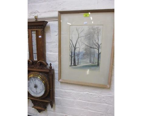 A framed and glazed watercolour by D A Wilson depicting Hyde Park dated 1955, a Victorian aneroid barometer and two other pri