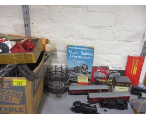 A Triang engine and another, Dublo carriages, model railway accessories and track, an empty vintage Triang model railway box 