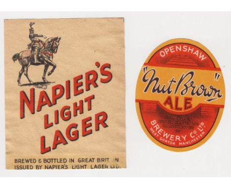 Beer labels, Openshaw Nut Brown Ale, v.o and Napier's Light Lager, vertical rectangular (gd) (2)
